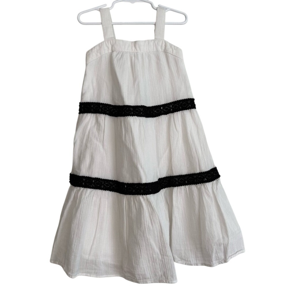 Janie and Jack Girls White Cotton Gauze Tiered Dress Black Lace Trim 5